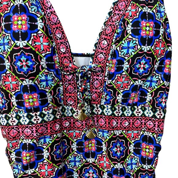 La Blanca Casa Azul Colorful Tiles 1-pc Swimsuit Tie Front w/accents Sz 16 NWT - Picture 3 of 12